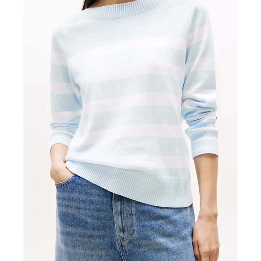 Tommy Hilfiger Blue &‎ White Striped Boat Neck Sweater Sz. SP Coastal Nautical
